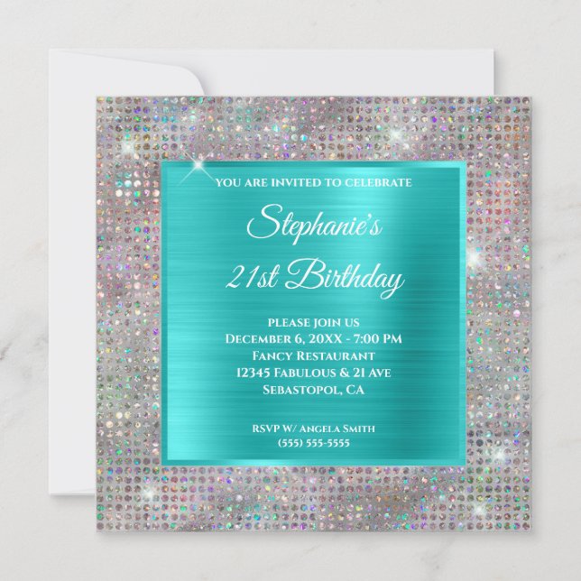 Invitation Turquoise holographique diamant studded foil Anniv (Devant)