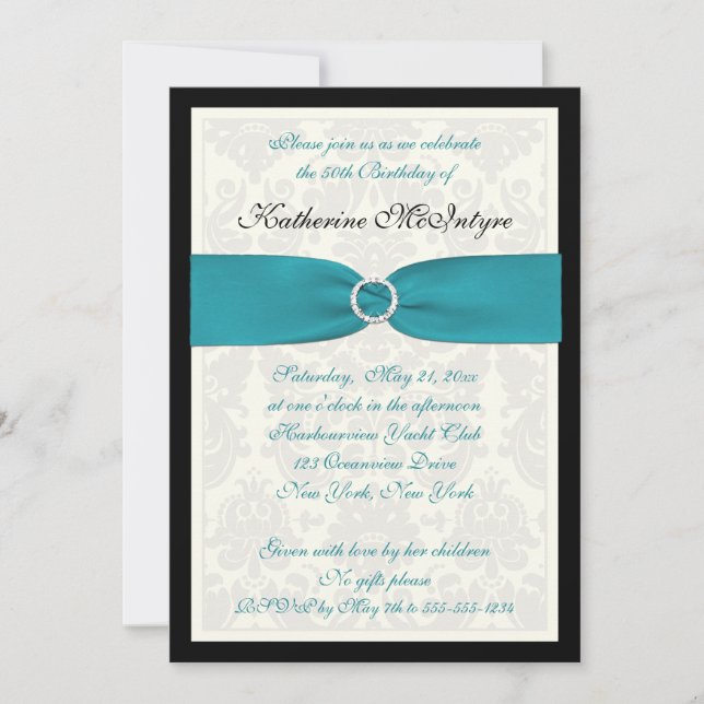 Invitation Turquoise, ivoire, Damas Noires 50e anniversaire (Devant)