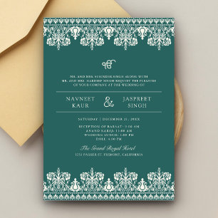 Invitation Turquoise ivoire Damask frontière Anand Karaj Sikh