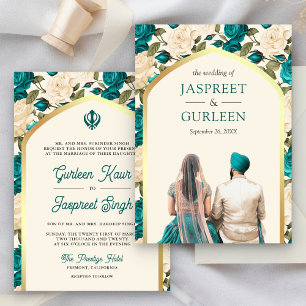 Invitation Turquoise ivoire Floral Punjabi Anand Karaj Sikh M