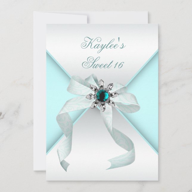 Invitation Turquoise Jewel Bow Joli White Sweet sixteen Party (Devant)