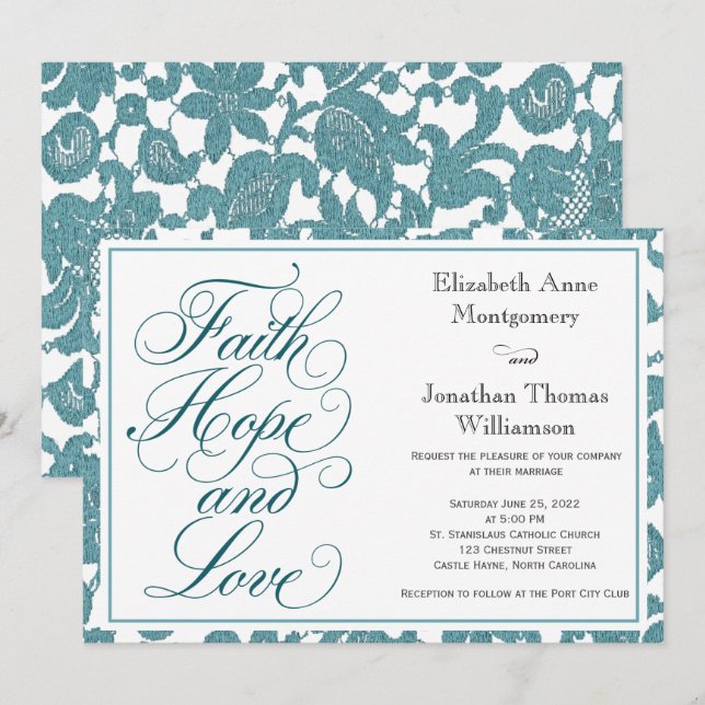 Invitation Turquoise Lace Script Faith Hope & Love Mariage (Devant / Derrière)