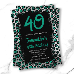 Invitation Turquoise léopard d'argent peint noir 40e annivers