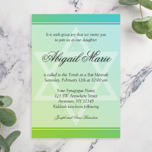 Invitation Turquoise Lime Green Star de David Bat mitzvah