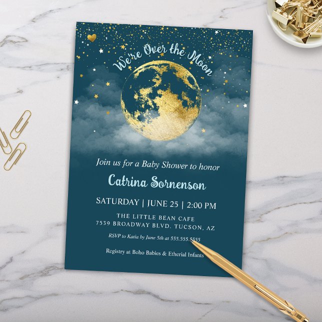 Invitation Turquoise Lune et les étoiles Baby shower céleste  (Teal Aqua and Gold Over the Moon Baby Shower Invitation Gender Neutral Celestial Theme)