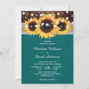 Invitation Turquoise Mariage de tournesol rustique