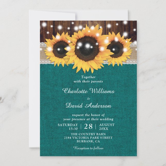 Invitation Turquoise Mariage de tournesol rustique (Devant)