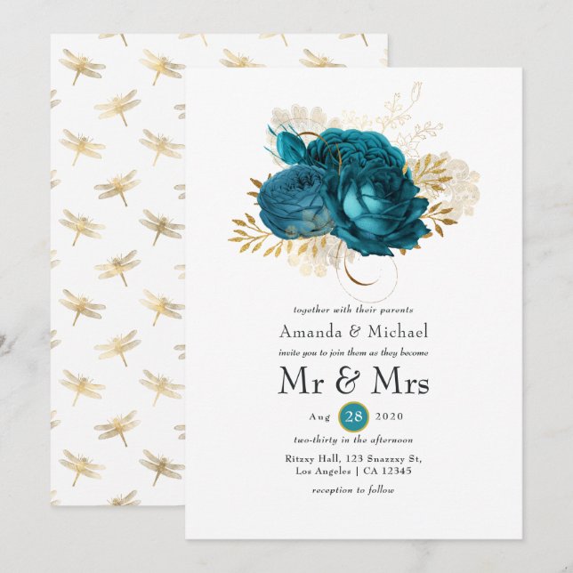 Invitation Turquoise - Mariage Floral Doré et Sarcelle (Devant / Derrière)