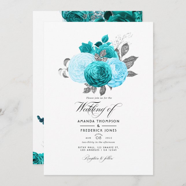 Invitation Turquoise - Mariage floral turquoise et argenté (Devant / Derrière)