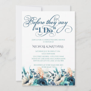Invitation Turquoise Marine Blue Floral Couples Wedding showe