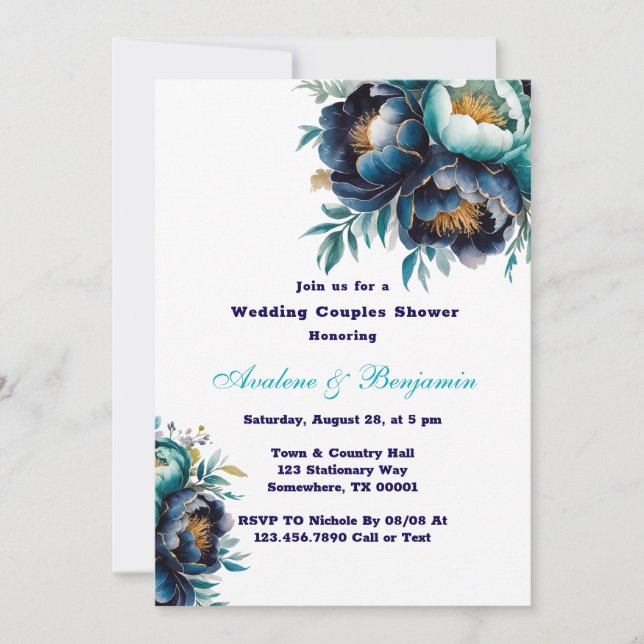 Invitation Turquoise Marine Blue Peony Mariage Couples Douche (Devant)