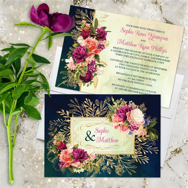 Invitation Turquoise, Marine, Vert, Gold Bold Florals Mariage (Beautiful Vintage Florals on Deep Teal and Navy Watercolors Wedding Invitation.)