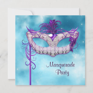 Invitation Turquoise mascarade bleue et violet