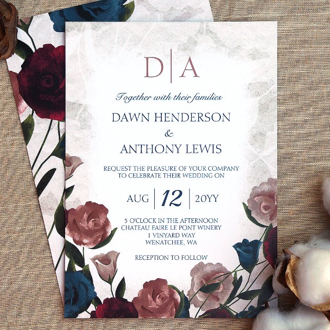 Invitation Turquoise, Mauve Blush, Bourgogne Rose Jardin Mari (elegant rose bouquet rose garden wedding invitations burgundy, rose pink, teal, beige roses)