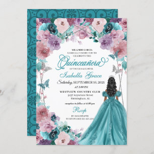 Invitation Turquoise & Mauve Coucher de soleil Quinceanera Pr