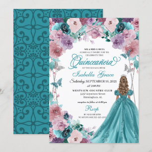 Invitation Turquoise & Mauve Coucher de soleil Quinceanera Pr