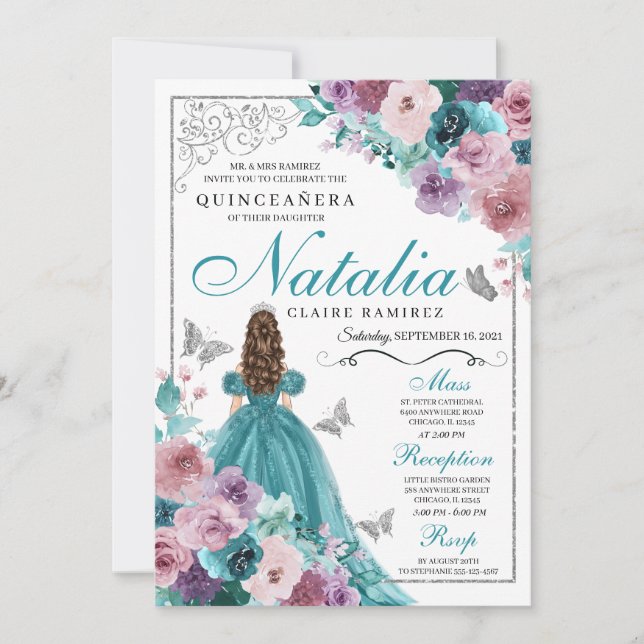 Invitation Turquoise & Mauve Ocean Sunset Princesse Quinceane (Devant)