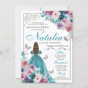 Invitation Turquoise & Mauve Ocean Sunset Princesse Quinceane