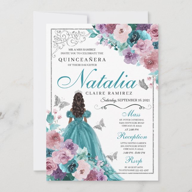 Invitation Turquoise & Mauve Ocean Sunset Princesse Quinceane (Devant)