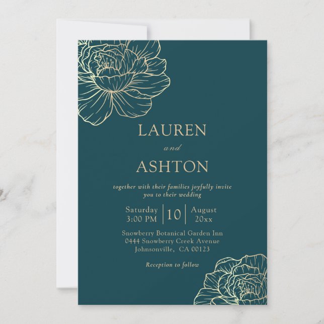 Invitation Turquoise minimaliste Mariage Floral or (Devant)