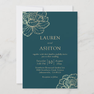 Invitation Turquoise minimaliste Mariage Floral or