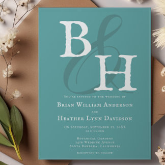 Invitation Turquoise minimaliste Mariage Monogramme