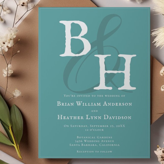 Invitation Turquoise minimaliste Mariage Monogramme (Teal Minimalist Monogram Wedding Invitation)