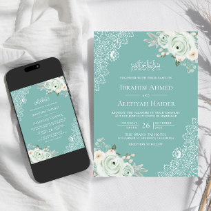 Invitation Turquoise Mint Sage Vert Floral Dentelle musulmane