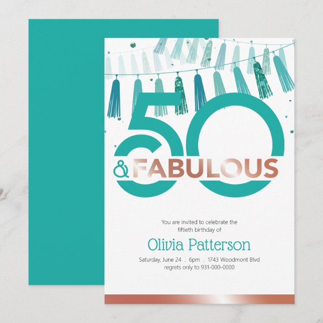 Invitation Turquoise moderne 50 et fabuleux 50 anniversaire (Devant / Derrière)