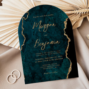 Invitation Turquoise moderne Agate Bleu Script Arch Mariage