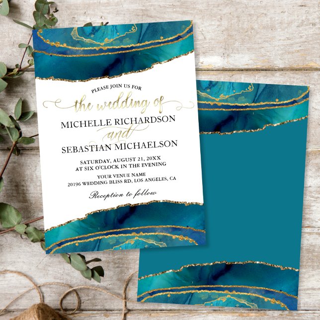 Invitation Turquoise moderne Aquarelle or Mariage Agate (Modern Teal Watercolor Gold Agate Wedding Invitation)