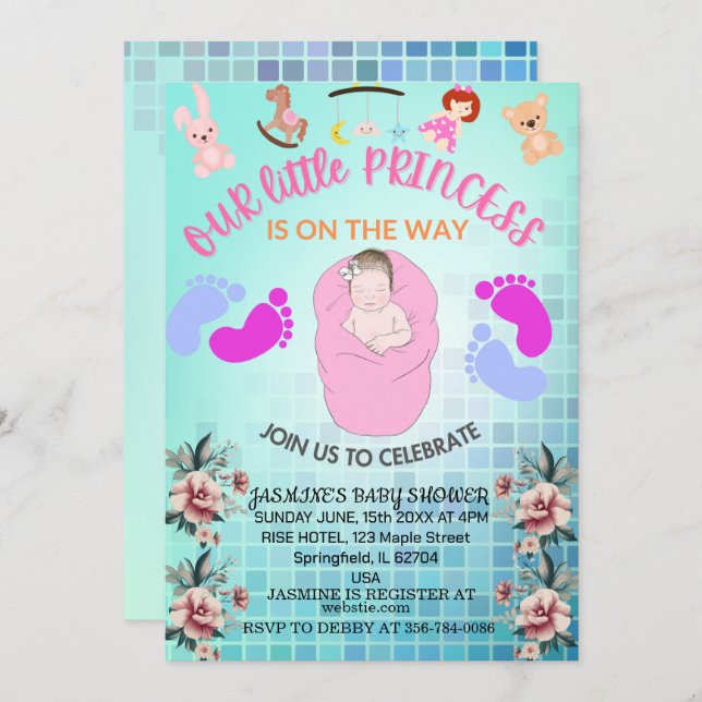 Invitation Turquoise Moderne Boho Floral Princesse Bébé Fille (Devant / Derrière)