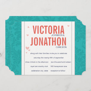 Invitation Turquoise moderne et Mariage damassé corail