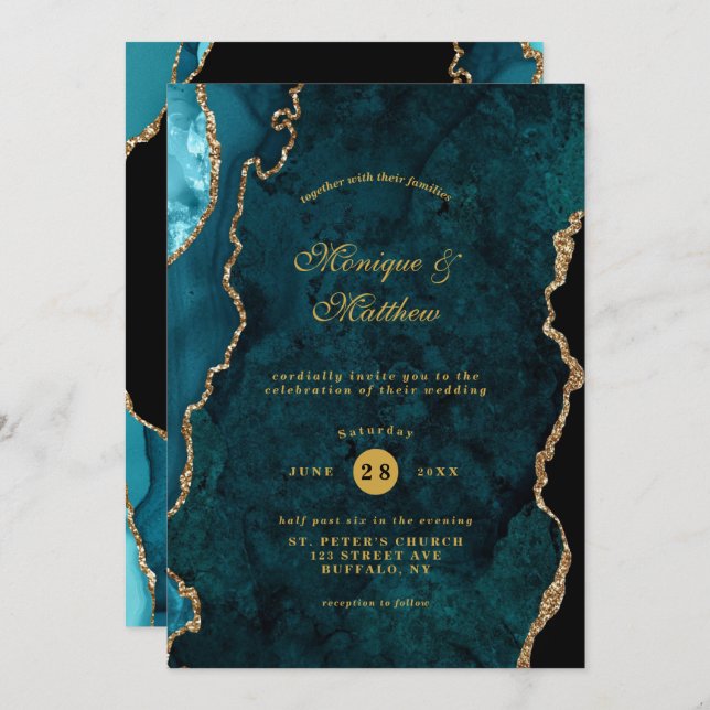 Invitation Turquoise moderne et or Agate Pierre Mariage Invit (Devant / Derrière)