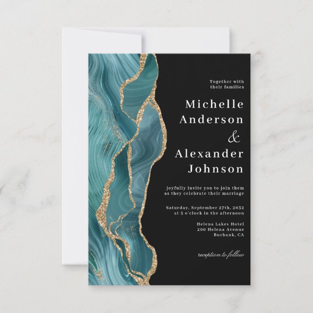 Invitation Turquoise moderne Noir Agate Or Parties scintillan (Devant)