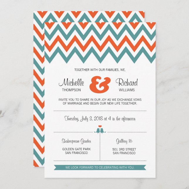 Invitation Turquoise moderne & Orange Chevron & Lovebirds Mar (Devant / Derrière)