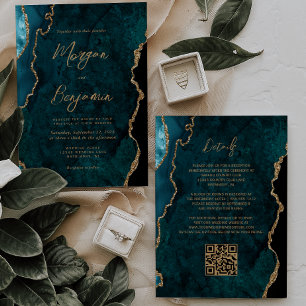 Invitation Turquoise moderne Script d'Agate Bleu QR Code Mari