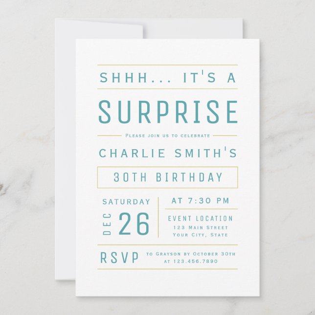 Invitation Turquoise Moderne Typographie Simple Surprise Anni (Devant)