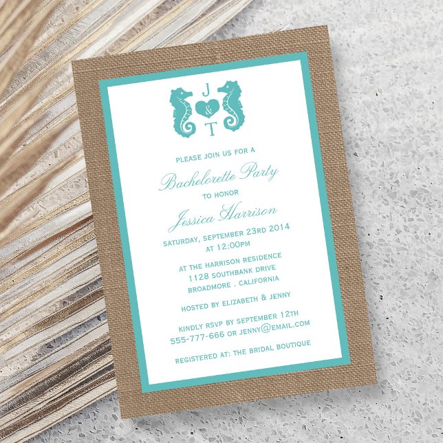 Invitation Turquoise Monogram Hippocampe Plage Enterrement de (Créateur téléchargé)
