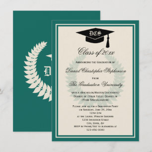 Invitation Turquoise Monogram Laurel Classic College