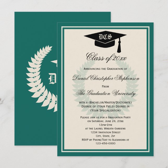 Invitation Turquoise Monogram Laurel Classic College (Devant / Derrière)