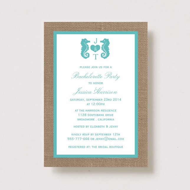 Invitation Turquoise Monogram Seahorse Beach Bachelorette (Créateur téléchargé)