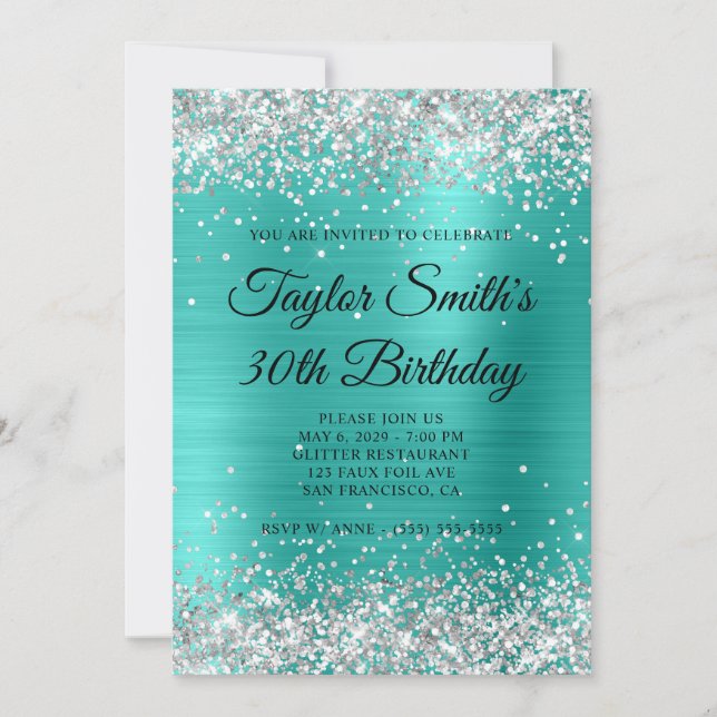 Invitation Turquoise Monogramme Paillettes Argent 30e Anniver (Devant)