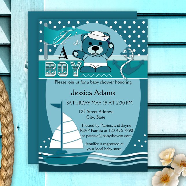 Invitation turquoise Nautical Boy Baby shower (It's a BOY nautical theme baby shower invitation featuring a teddy bear sailor on a sailboat in teal)