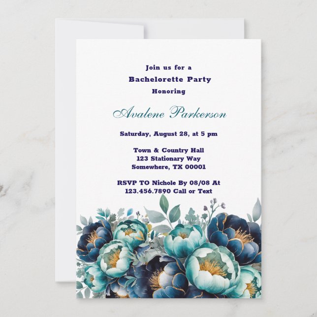 Invitation Turquoise Navy Blue Peony Flowers Bachelorette Par (Devant)