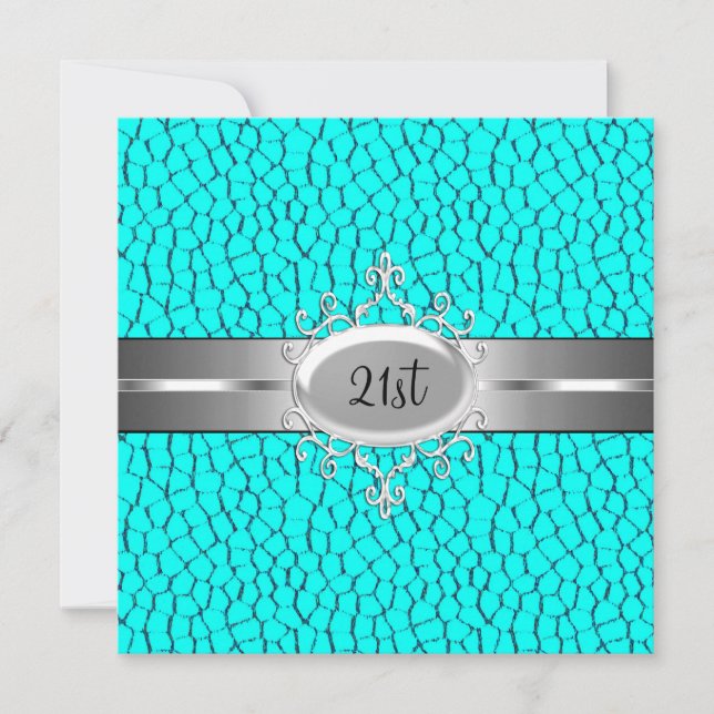 Invitation Turquoise Noir Argent Bijou Fête des 21 ans (Devant)