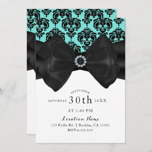 Invitation Turquoise & noir Damask Bow Glam Chic Sweet 16 Par