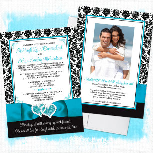 Invitation Turquoise, Noir Damask Love Hearve Mariage