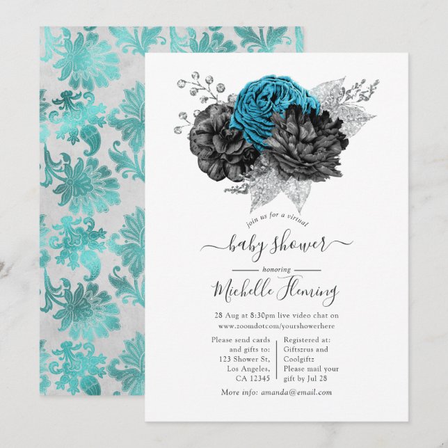 Invitation Turquoise, Noir et Argent Douche (Devant / Derrière)