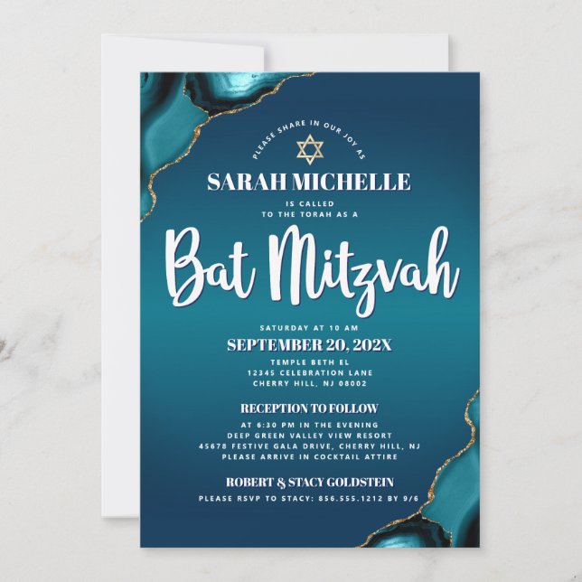 Invitation Turquoise Ombre Bar Mitzvah Agate Script 2 Lieu (Devant)